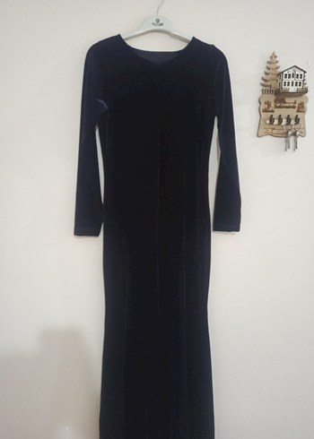 Siyah Süet Uzun Kollu V Yaka Uzun Elbise - Görsel 2