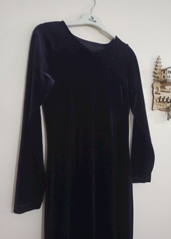 Siyah Süet Uzun Kollu V Yaka Uzun Elbise - Görsel 3