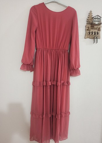 Pembe Uzun Kollu Fırfırlı Uzun Elbise - Görsel 3