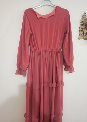 Pembe Uzun Kollu Fırfırlı Uzun Elbise - Görsel 2