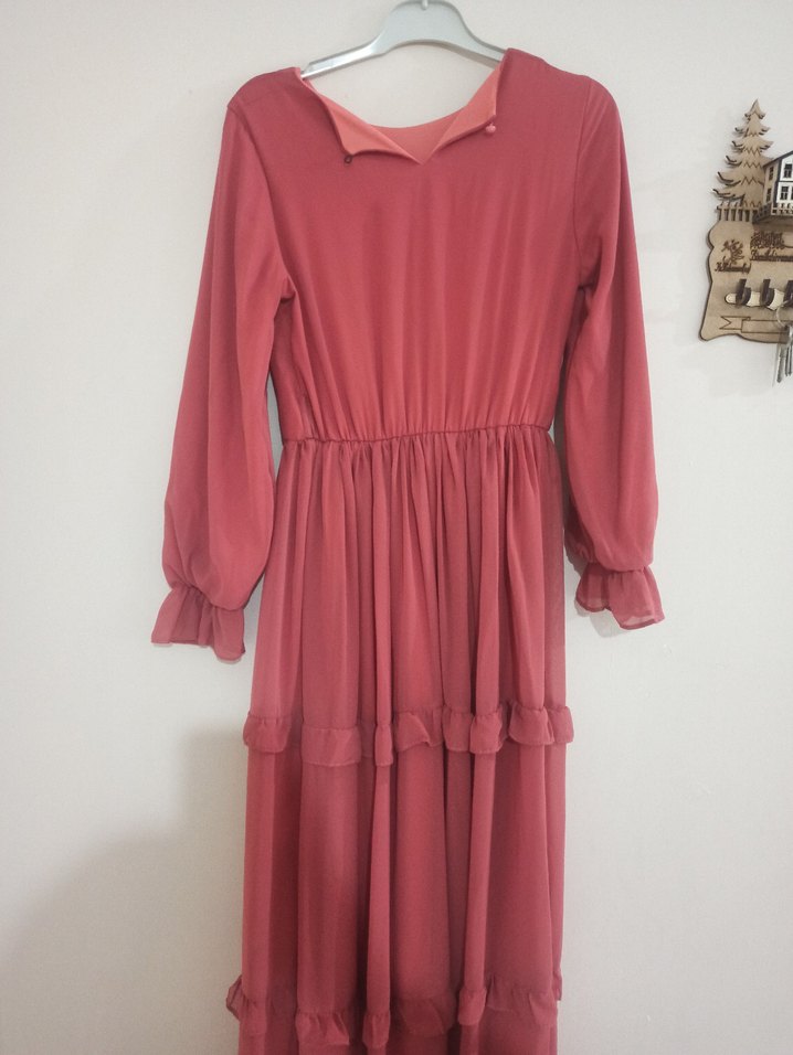 Pembe Uzun Kollu Fırfırlı Uzun Elbise - Görsel 2