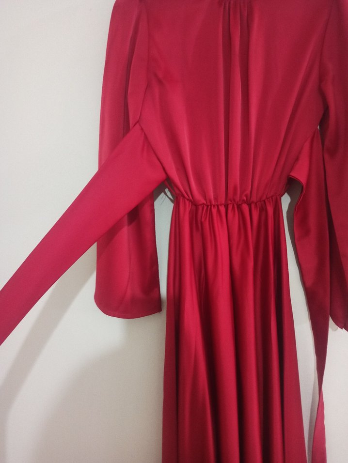 Bordo Uzun Kollu Drape Detaylı Uzun Elbise - Görsel 2