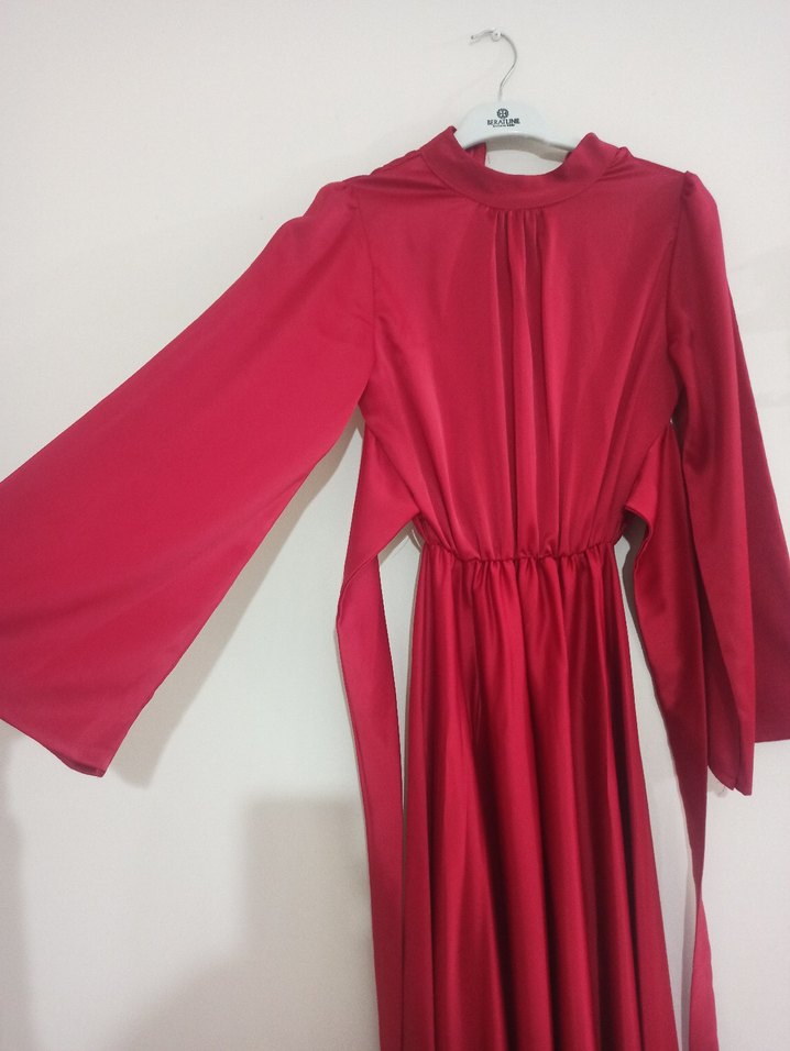 Bordo Uzun Kollu Drape Detaylı Uzun Elbise - Görsel 3