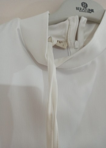 Beyaz Uzun Kollu Yüksek Yakalı Saten Elbise - Görsel 5