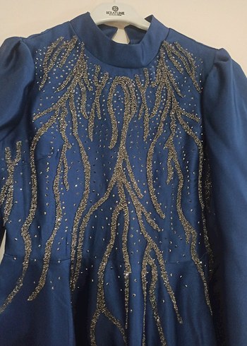 Uzun Kollu Mavi İşlemeli Abiye Elbise - Görsel 2