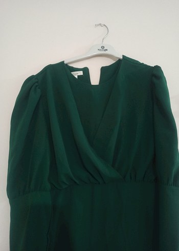 Uzun Kollu Yeşil Drapeli Kadın Elbise - Görsel 4