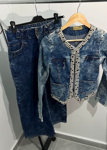 Diğer İnci Detayli Mavi Denim Takim