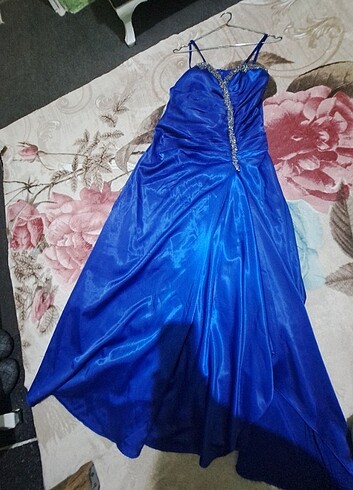 Diğer Saks mavisi saten abiye elbise