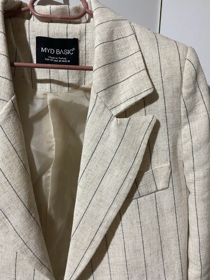 Bej Keten Mini Kadın Blazer Ceket - Görsel 2