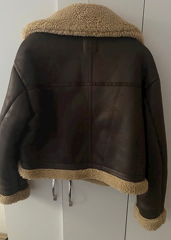 Bershka Kahverengi Kürklü Deri Biker Ceket - Görsel 4