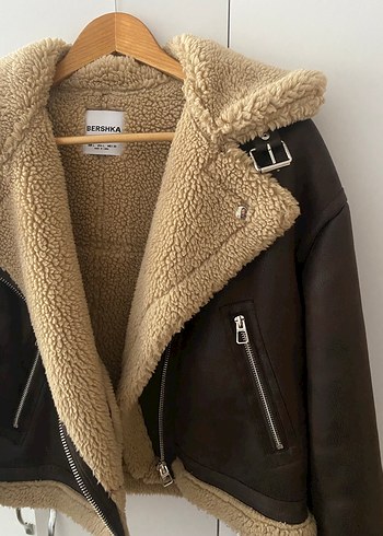 Bershka Kahverengi Kürklü Deri Biker Ceket - Görsel 2