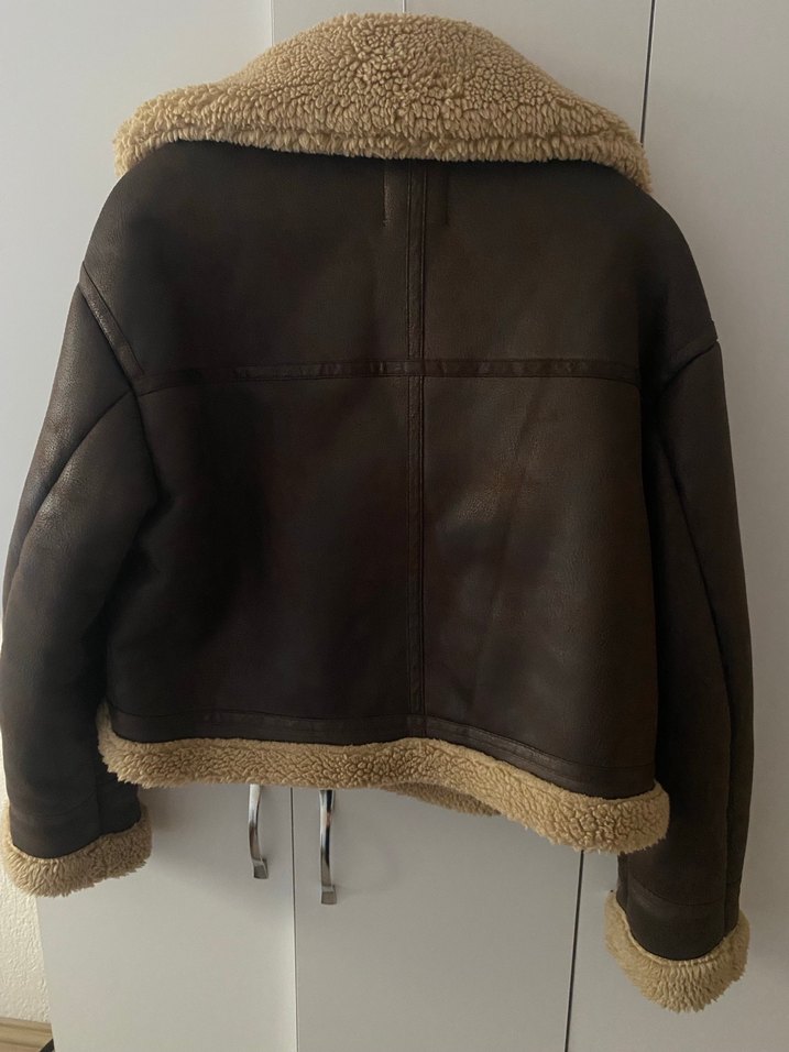 Bershka Kahverengi Kürklü Deri Biker Ceket - Görsel 4
