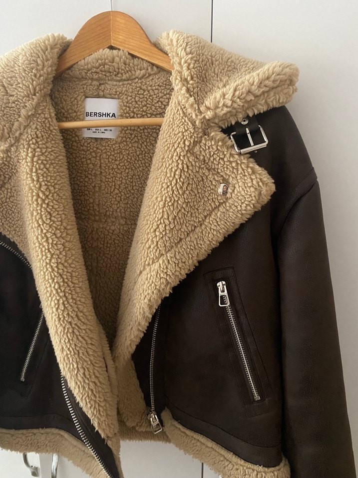 Bershka Kahverengi Kürklü Deri Biker Ceket - Görsel 2