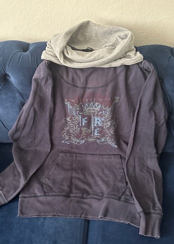 Gri Yüksek Yakalı Uzun Kollu Baskılı Sweatshirt - Görsel 5