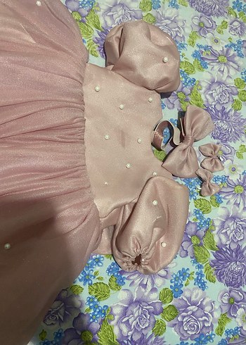 12-18 Ay Beden pembe Renk Pembe Balon Kollu Kız Çocuk Elbisesi