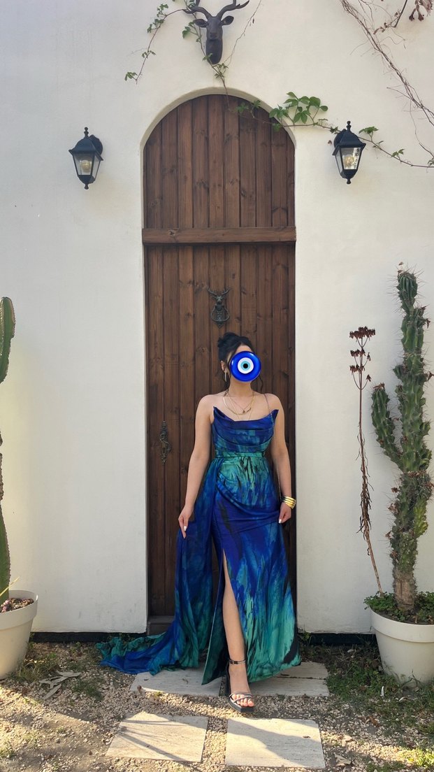 Mavi Drapeli Straplez Uzun abiye - Görsel 2