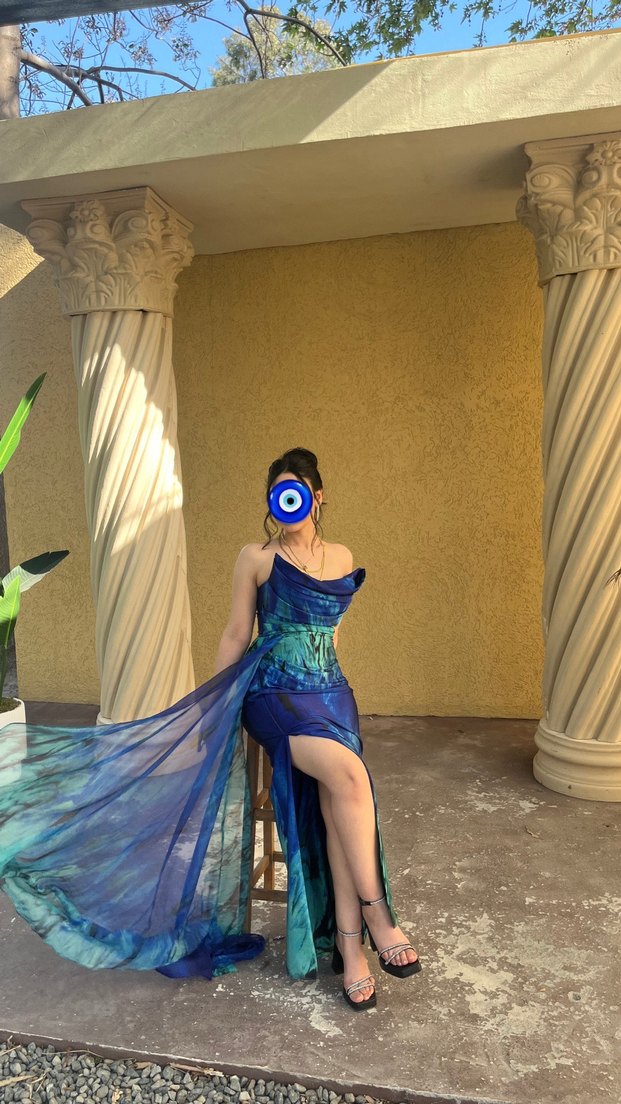 Mavi Drapeli Straplez Uzun abiye - Görsel 3