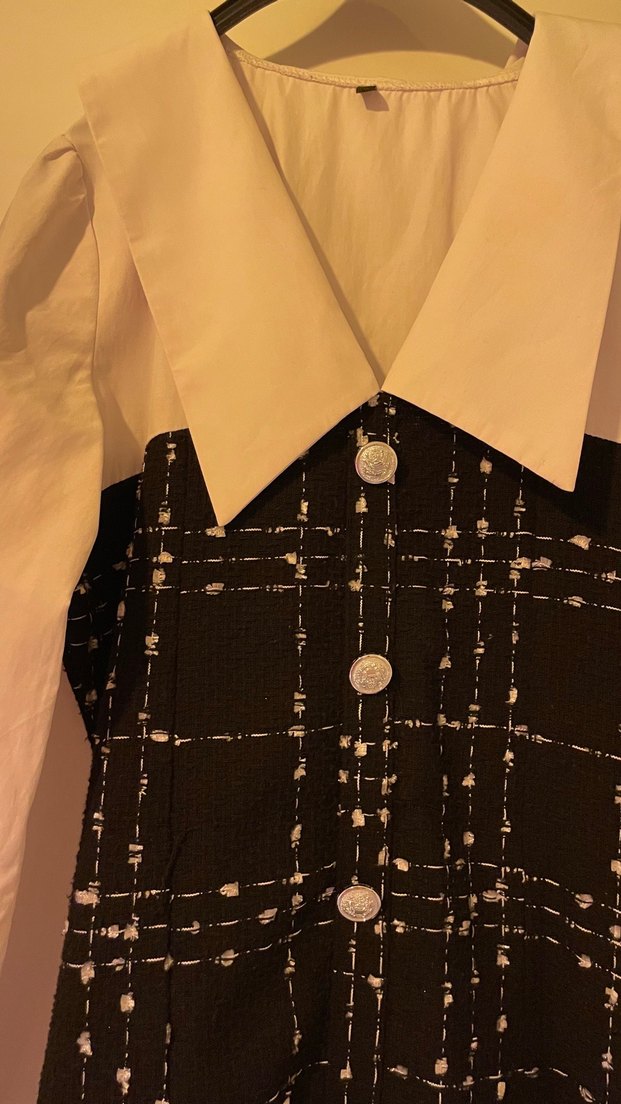 Düğmeli Siyah Kareli Midi Elbise - Görsel 2