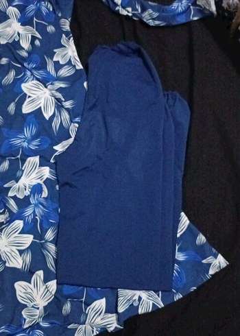 Uzun Kollu Baskılı Mavi çiçek desenli üçlü takım haşema - Görsel 4