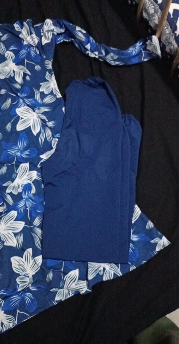 Uzun Kollu Baskılı Mavi çiçek desenli üçlü takım haşema - Görsel 4