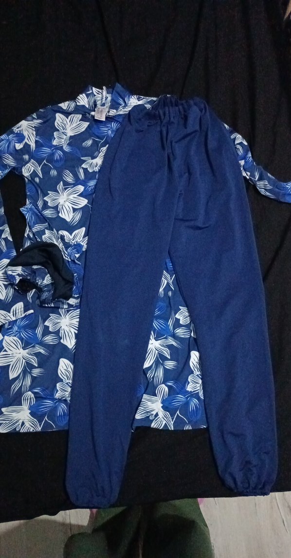 Uzun Kollu Baskılı Mavi çiçek desenli üçlü takım haşema - Görsel 5