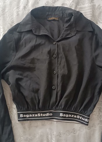 SagazaStudio Siyah Kısa Crop Gömlek - Görsel 2