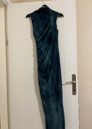 Batik desenli Mavi yeşil Midi Abiye Elbise - Görsel 2
