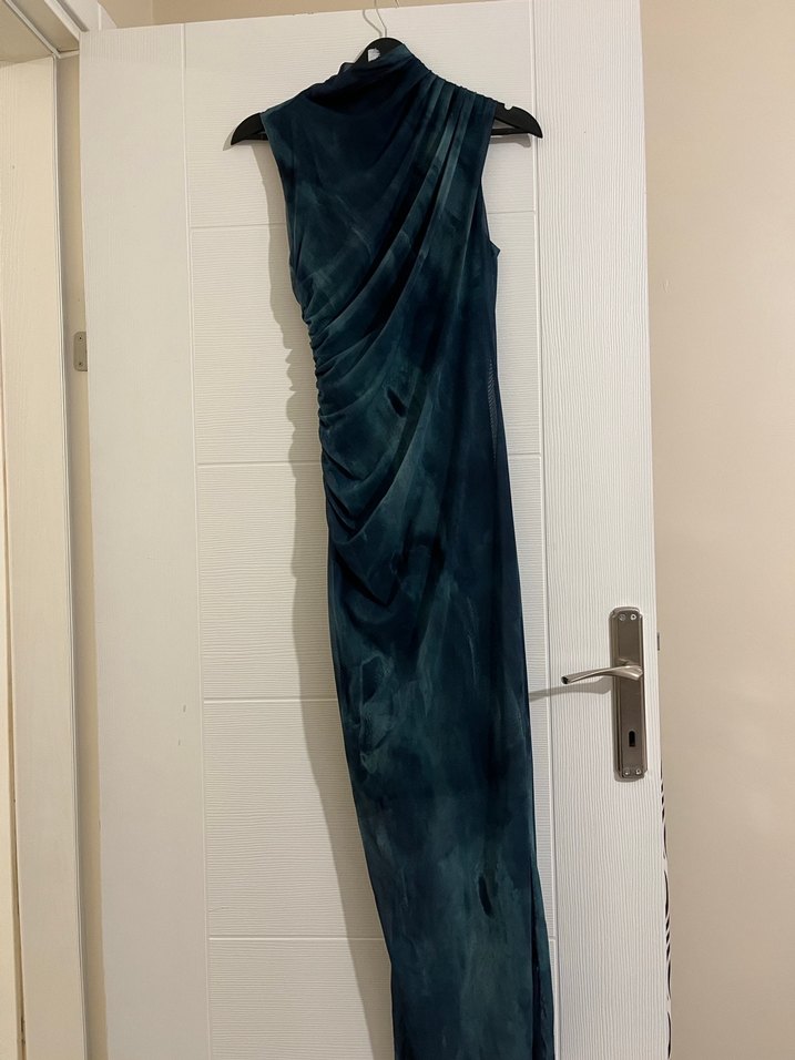 Batik desenli Mavi yeşil Midi Abiye Elbise - Görsel 2