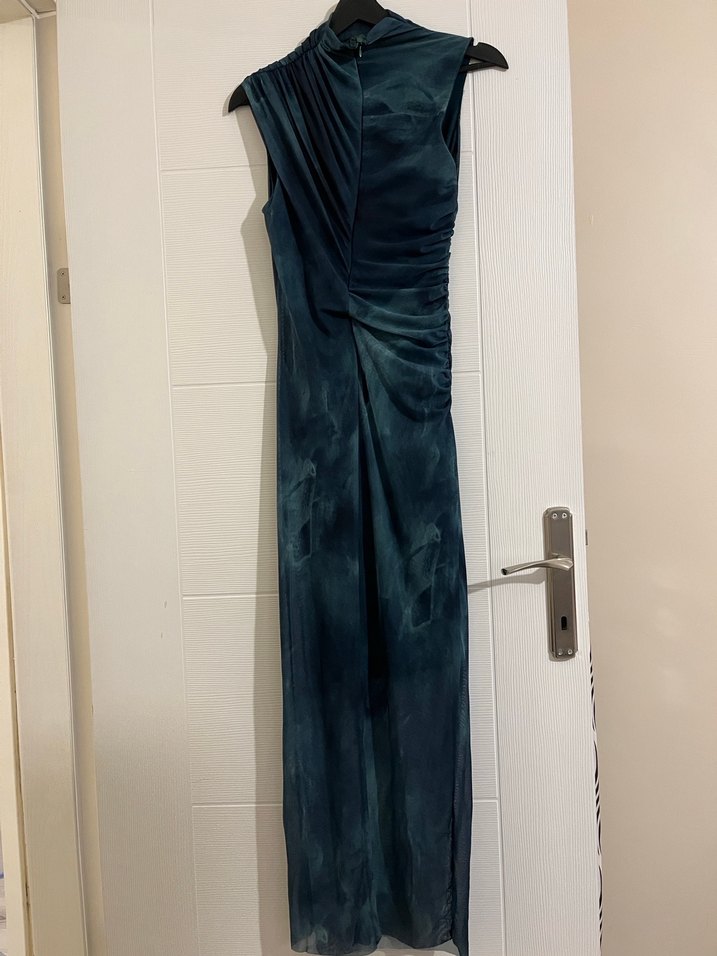 Batik desenli Mavi yeşil Midi Abiye Elbise - Görsel 3