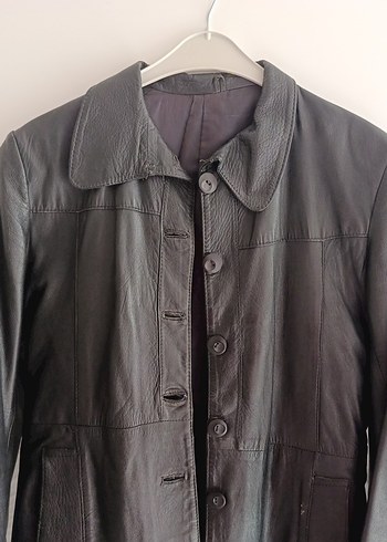 Düğmeli Siyah Deri Kadın Kaban - Görsel 2