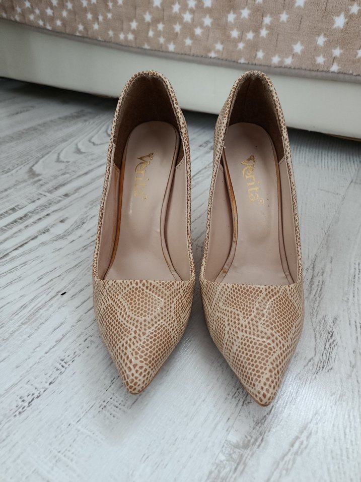 Bej Yılan Desenli Dantelli Stiletto - Görsel 3