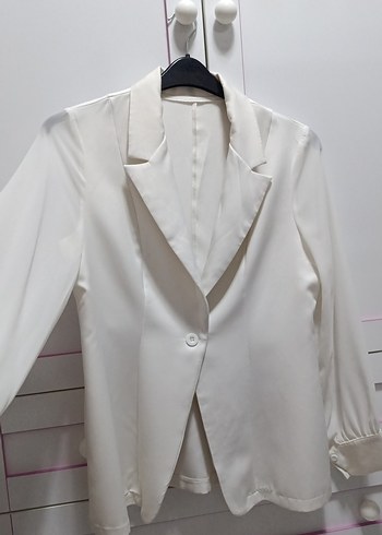 Düğmeli Beyaz Kadın Blazer Ceket - Görsel 2