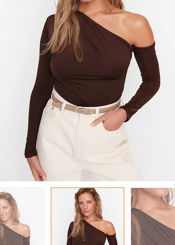 Tek Omuzlu Koyu Kahverengi Deri Bluz - Görsel 2