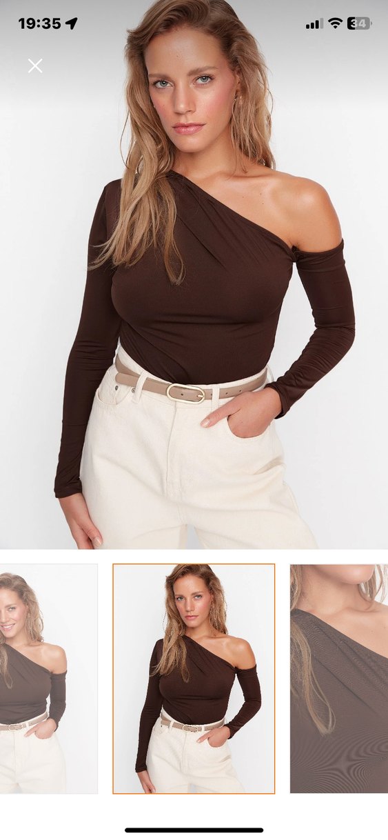 Tek Omuzlu Koyu Kahverengi Deri Bluz - Görsel 2