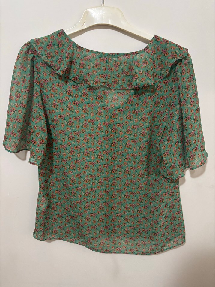 Yeşil Çiçekli Kısa Kollu Bohem Bluz - Görsel 3
