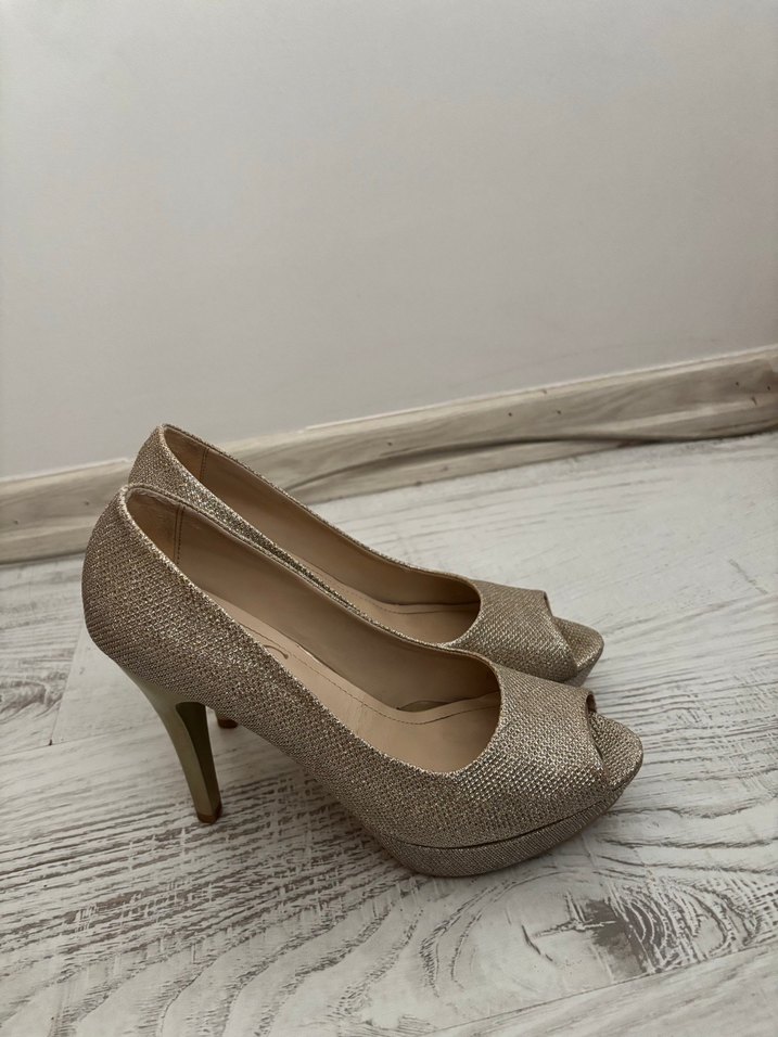 Gold Parlak Yılan Desenli Platform Topuklu Abiye Ayakkabı - Görsel 2