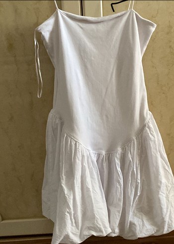 Zara Zara Beyaz Midi Keten Straplez Elbise