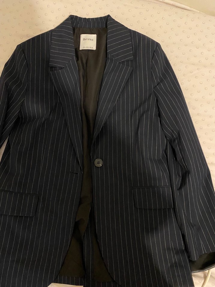 Bershka Lacivert Çizgili Blazer Ceket - Görsel 4