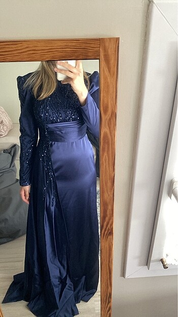 LACİVERT SATEN TAŞLI TESETTÜR ABİYE - Görsel 4