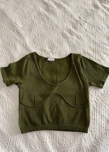 Kadın Haki Kısa Kollu Triko Crop Top