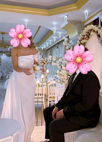 xs Beden Beyaz Straplez Uzun Drapeli isteme söz Elbisesi
