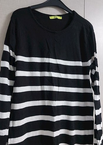 Siyah Beyaz Çizgili Uzun Triko Elbise - Görsel 6