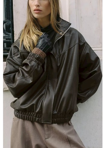 Zara dik yaka bomber deri ceket - Görsel 2