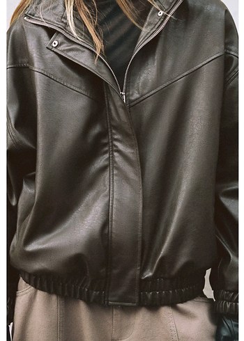 Zara dik yaka bomber deri ceket - Görsel 3