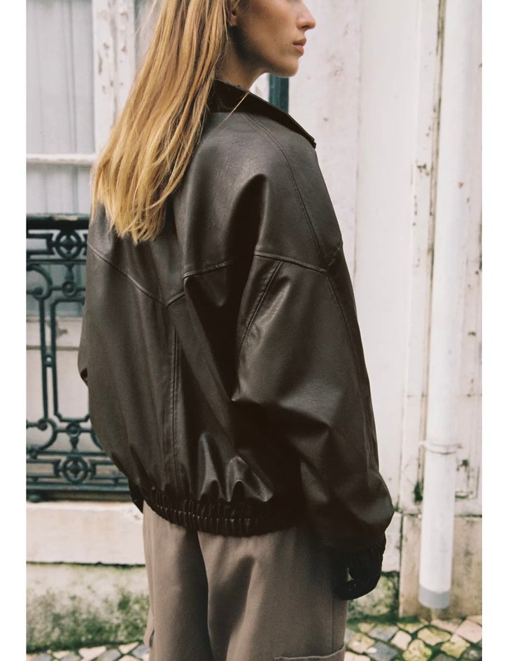 Zara dik yaka bomber deri ceket - Görsel 4