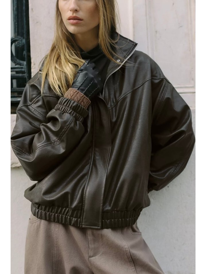 Zara dik yaka bomber deri ceket - Görsel 2