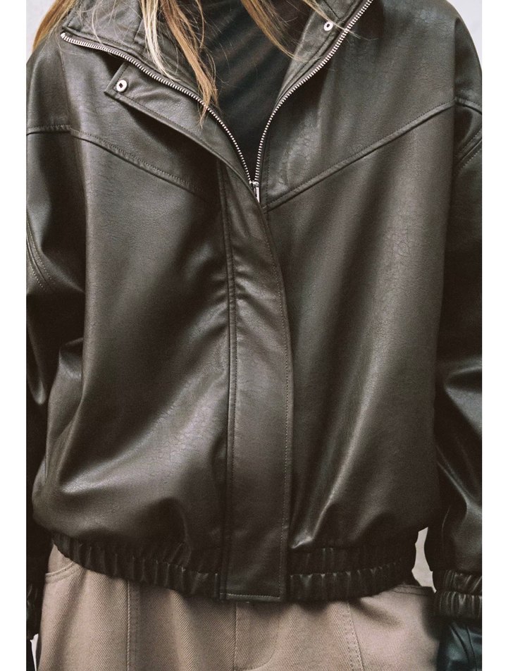 Zara dik yaka bomber deri ceket - Görsel 3