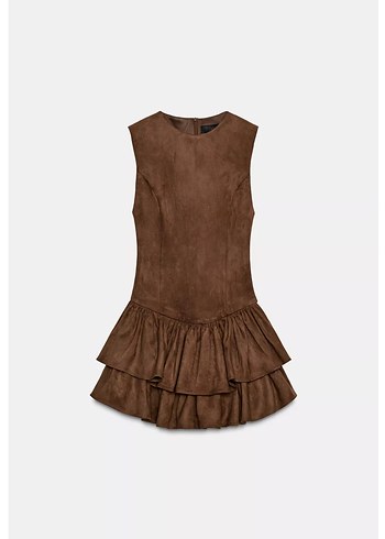 Kahverengi süet fırfırlı Mini Elbise - Görsel 5