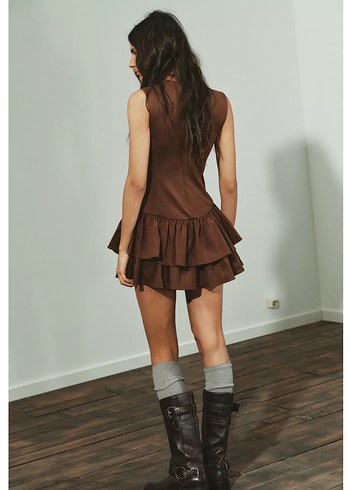 Kahverengi süet fırfırlı Mini Elbise - Görsel 3