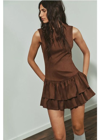 Kahverengi süet fırfırlı Mini Elbise - Görsel 2